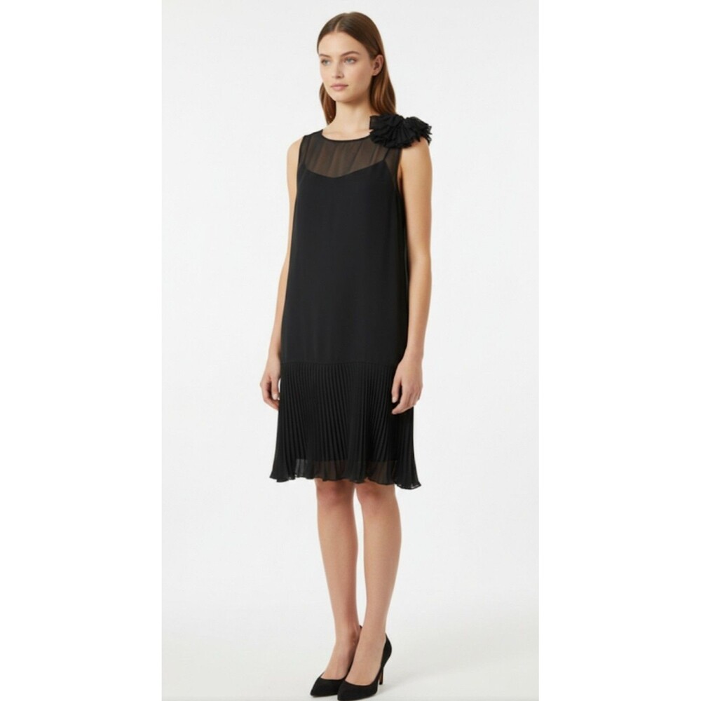 TERI JON 60s Sheer Black Dress Chiffon Pleated Lower  Size 6 Bow Acent Shoulder
